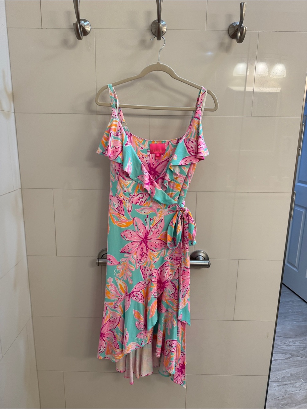 Lilly Pulitzer Teal Floral Ruffle Wrap Romper